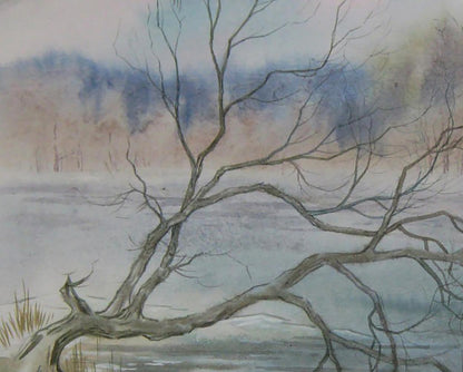 Watercolor painting of bare gnarled tree over misty lake by Valery Savenets