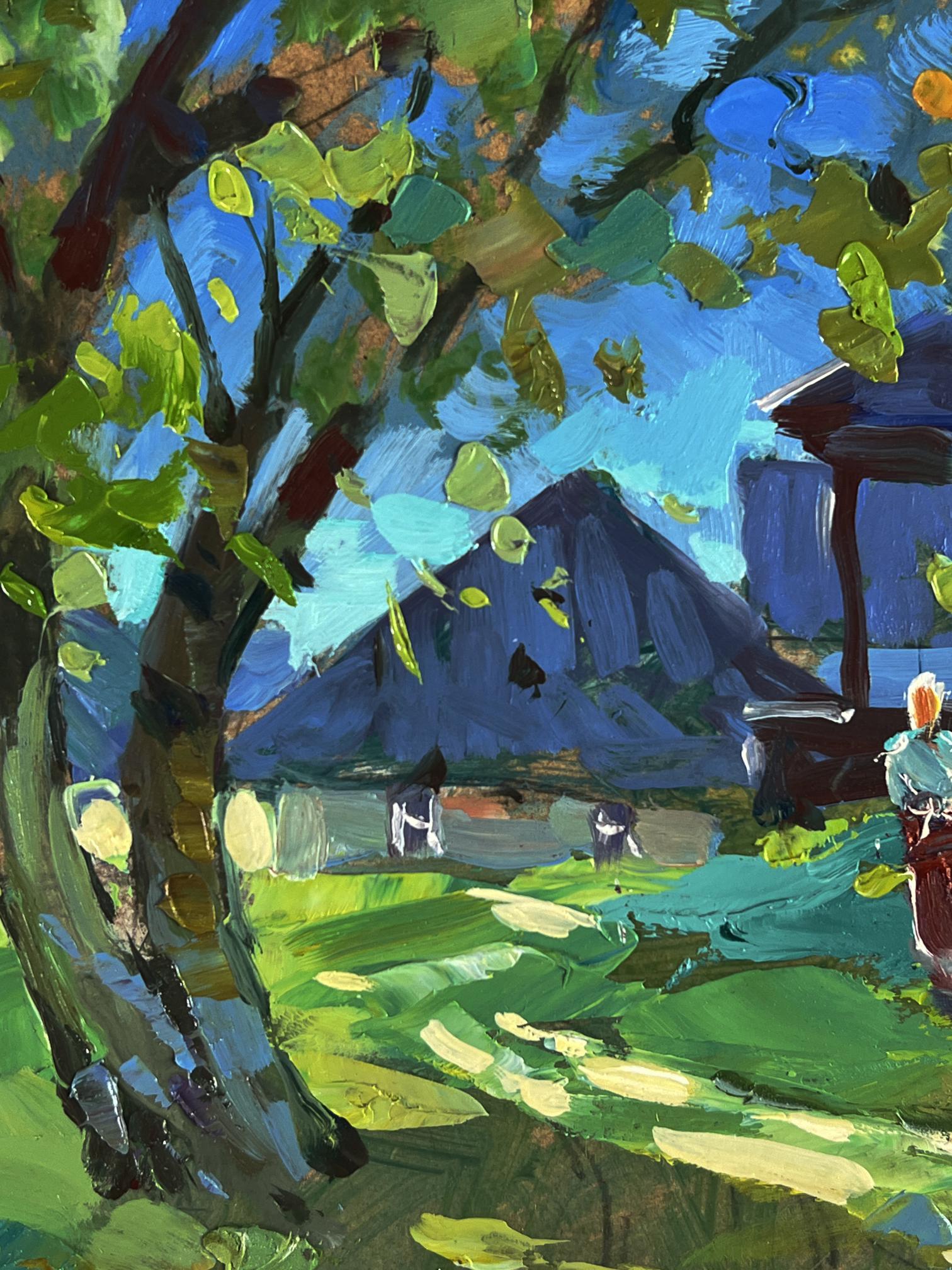 Vibrant impressionist oil painting by Yuriy Suprunchuk of tree near village houses