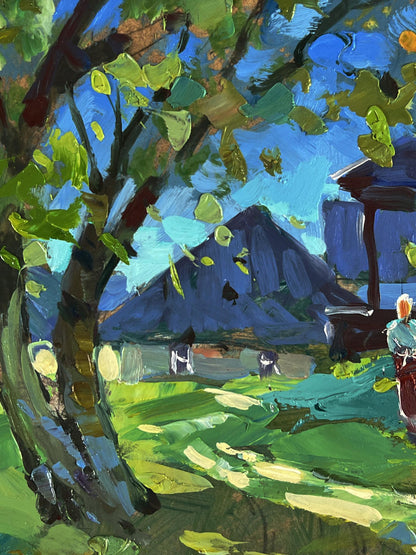 Vibrant impressionist oil painting by Yuriy Suprunchuk of tree near village houses