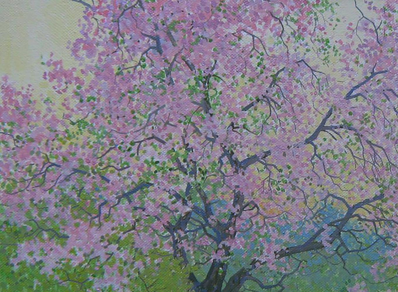 Vibrant pink cherry blossom oil painting by Valery Savenets