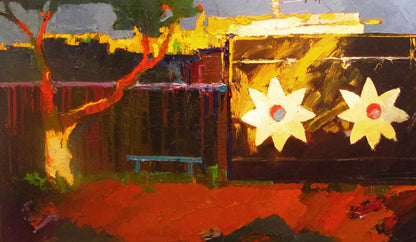 Oil painting Gate in the Village by Natalia Korf-Ivaniuk: vibrant yellow star flowers on textured wall