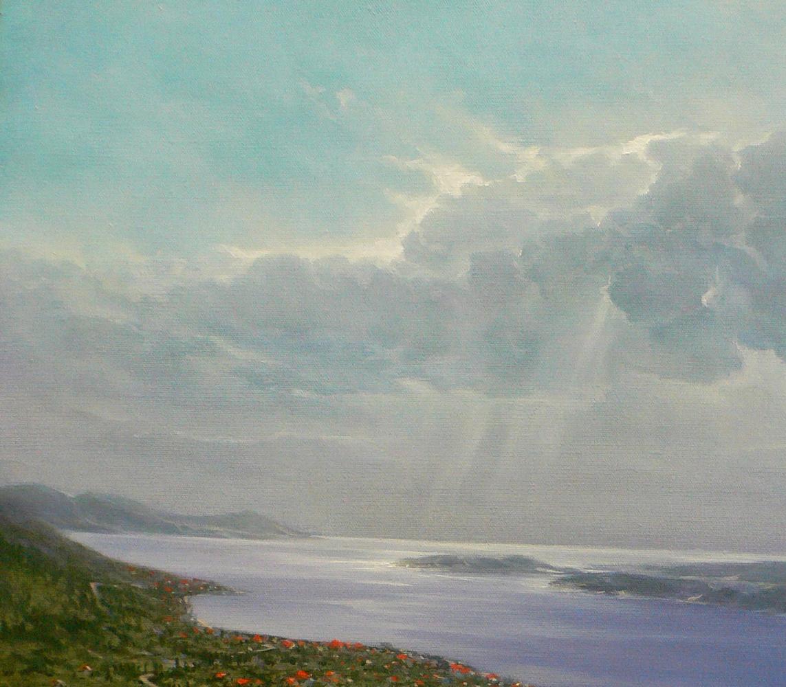 Oil painting View of the river by Vasily Korkishko: impressionistic coastal hills