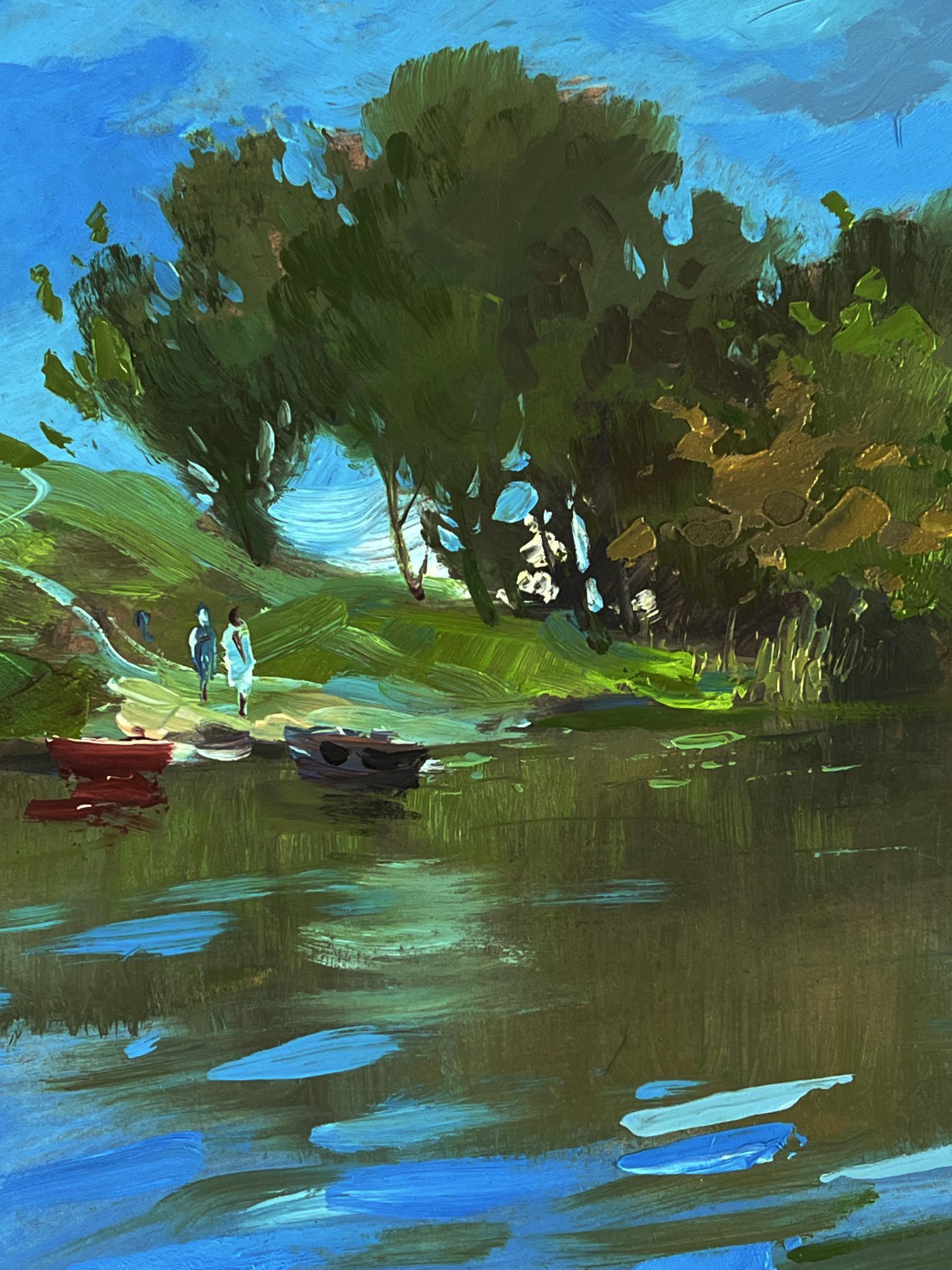 Vibrant impressionist oil painting by Yuriy Suprunchuk: boats in river lakeside scene