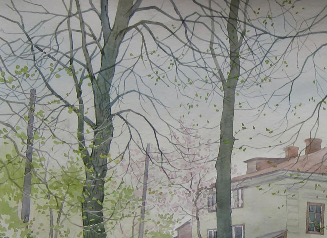 Watercolor painting of spring city streets with tall trees by Valery Savenets