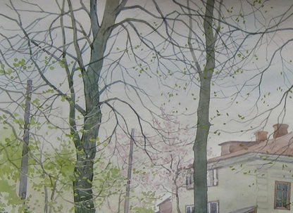 Watercolor painting of spring city streets with tall trees by Valery Savenets