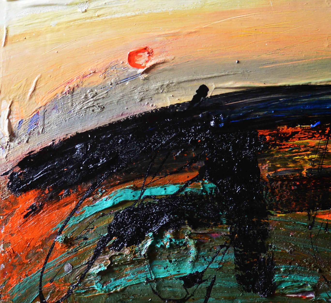 Oil painting Mountain Meadow by Natalia Korf-Ivaniuk, abstract orange black teal red brushstrokes on gray sky