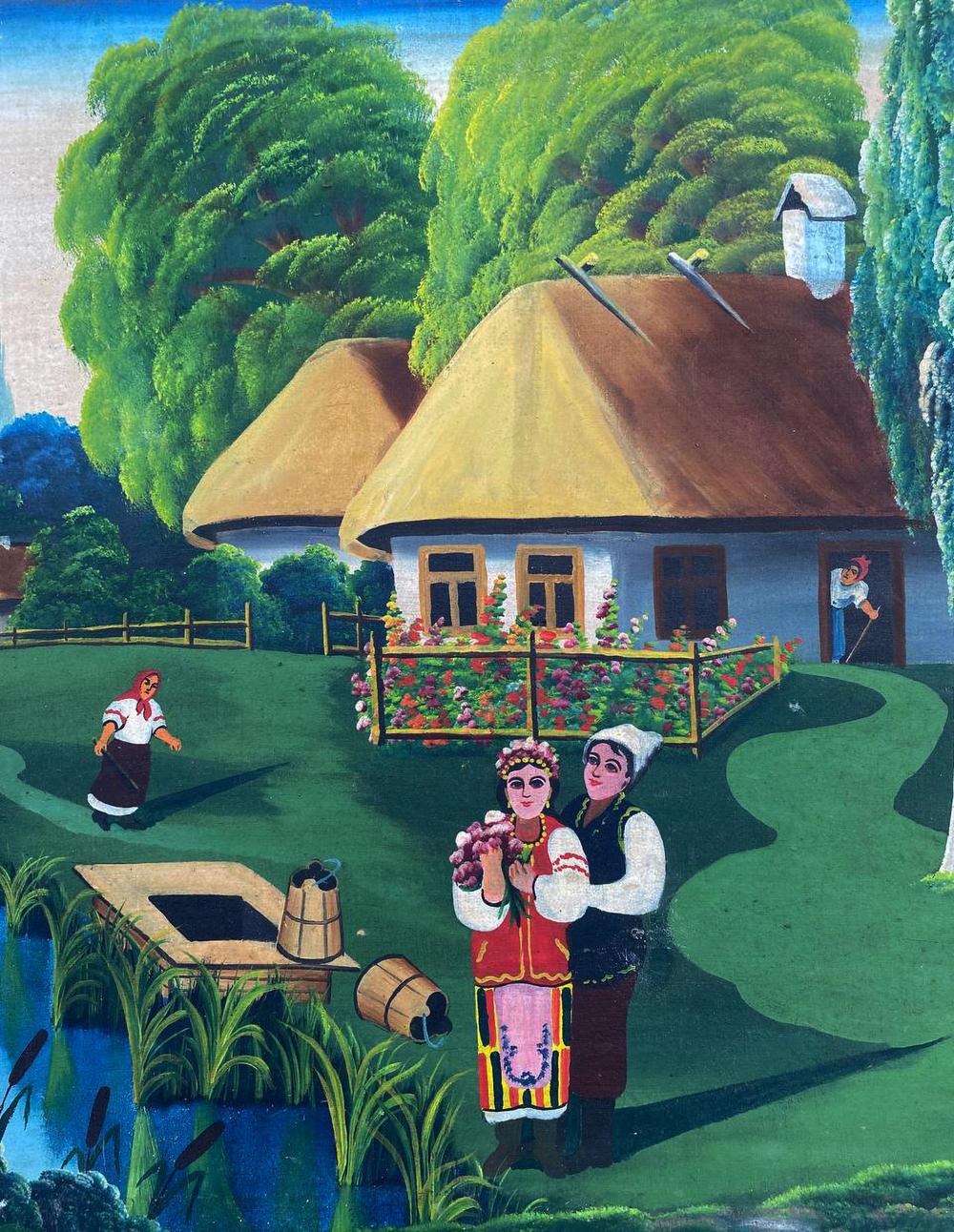 Vibrant folk-art oil painting of thatched cottage for holiday parties