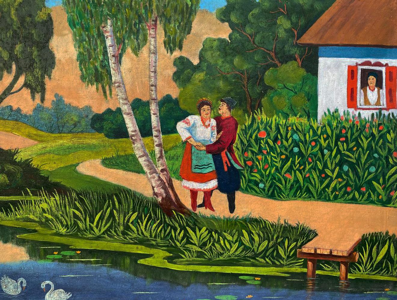 Oil painting Courtship by the Pond: couple dancing by birch tree, pond, house
