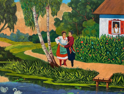 Oil painting Courtship by the Pond: couple dancing by birch tree, pond, house