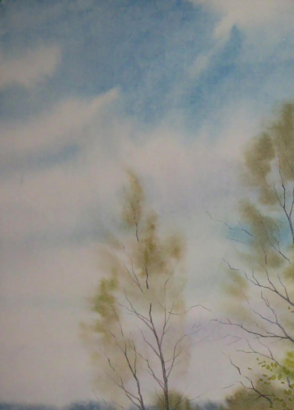 Watercolor painting of bare trees in Spring Breeze by Valery Savenets