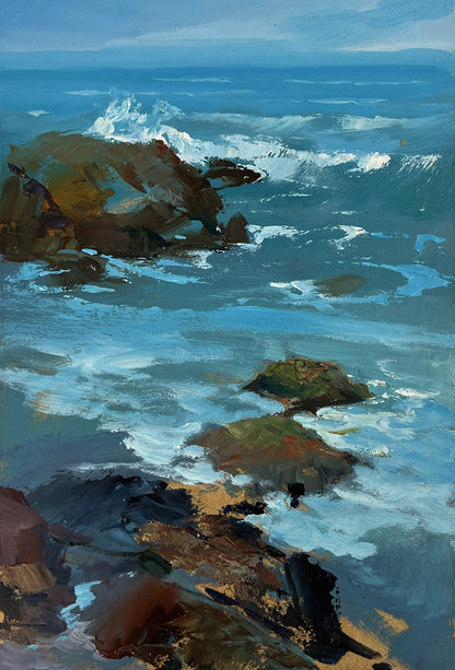 Oil painting Sunny day at sea by Yuriy Suprunchuk: turbulent waves on rocks
