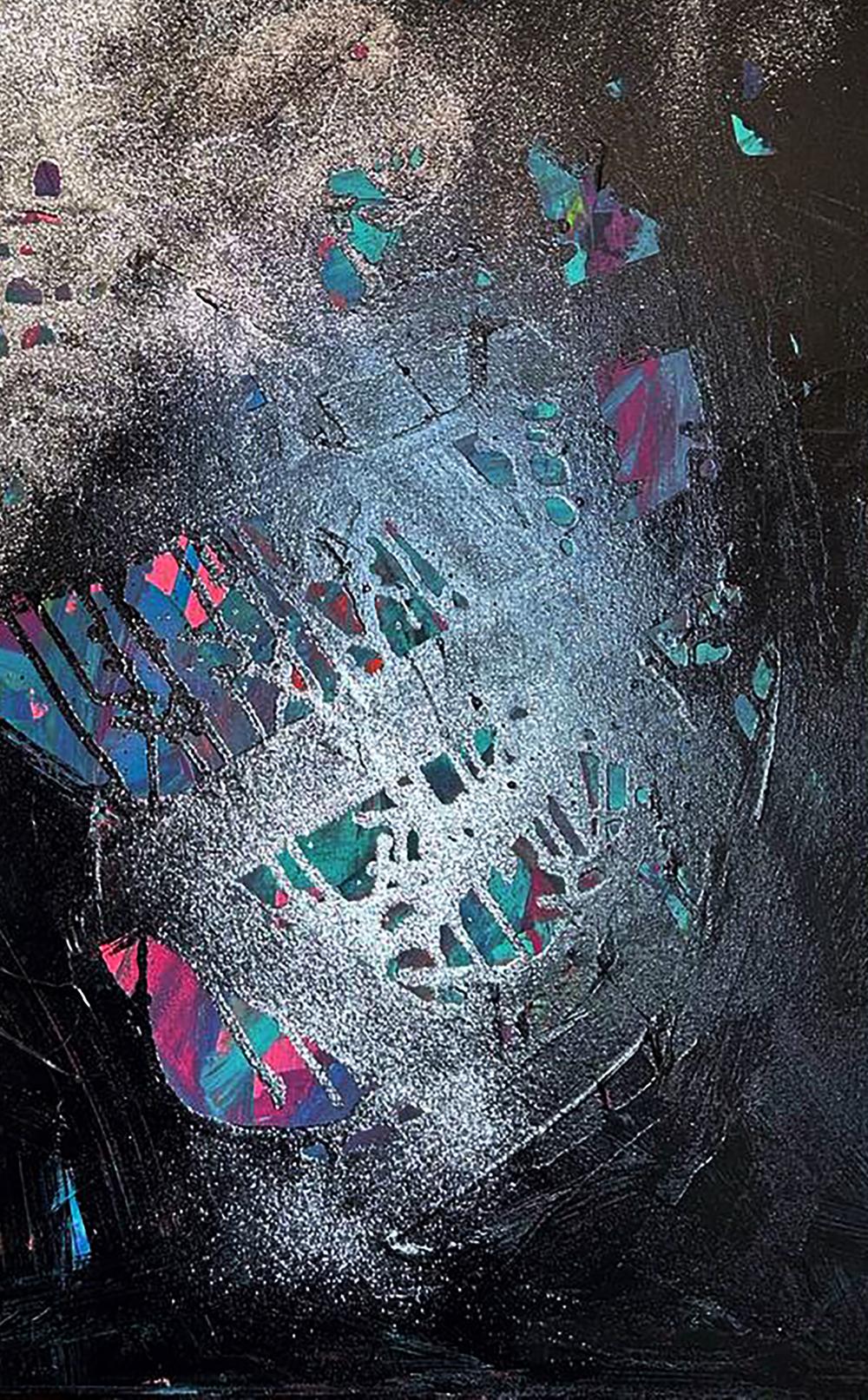 Acrylic painting Galaxy of the Soul by Olga Melezhik, abstract silver teal magenta shards