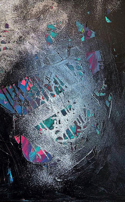 Acrylic painting Galaxy of the Soul by Olga Melezhik, abstract silver teal magenta shards