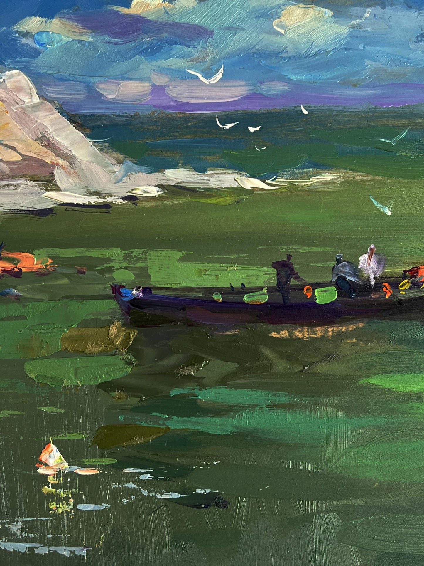 Oil painting of fishing boat at sea by Yuriy Suprunchuk on vibrant green lake