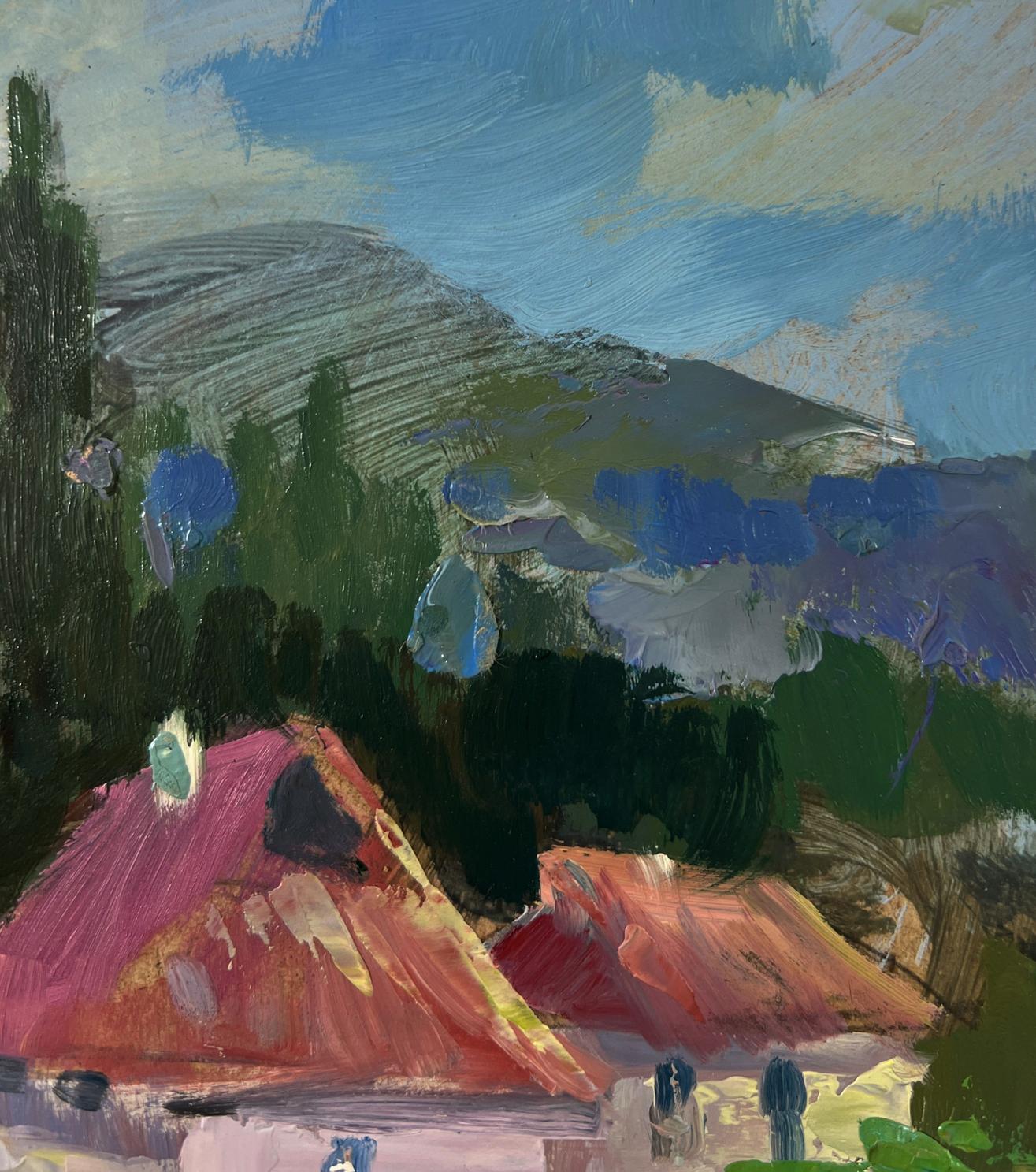 Oil painting of vibrant red roofs in mountain village by Yuriy Suprunchuk