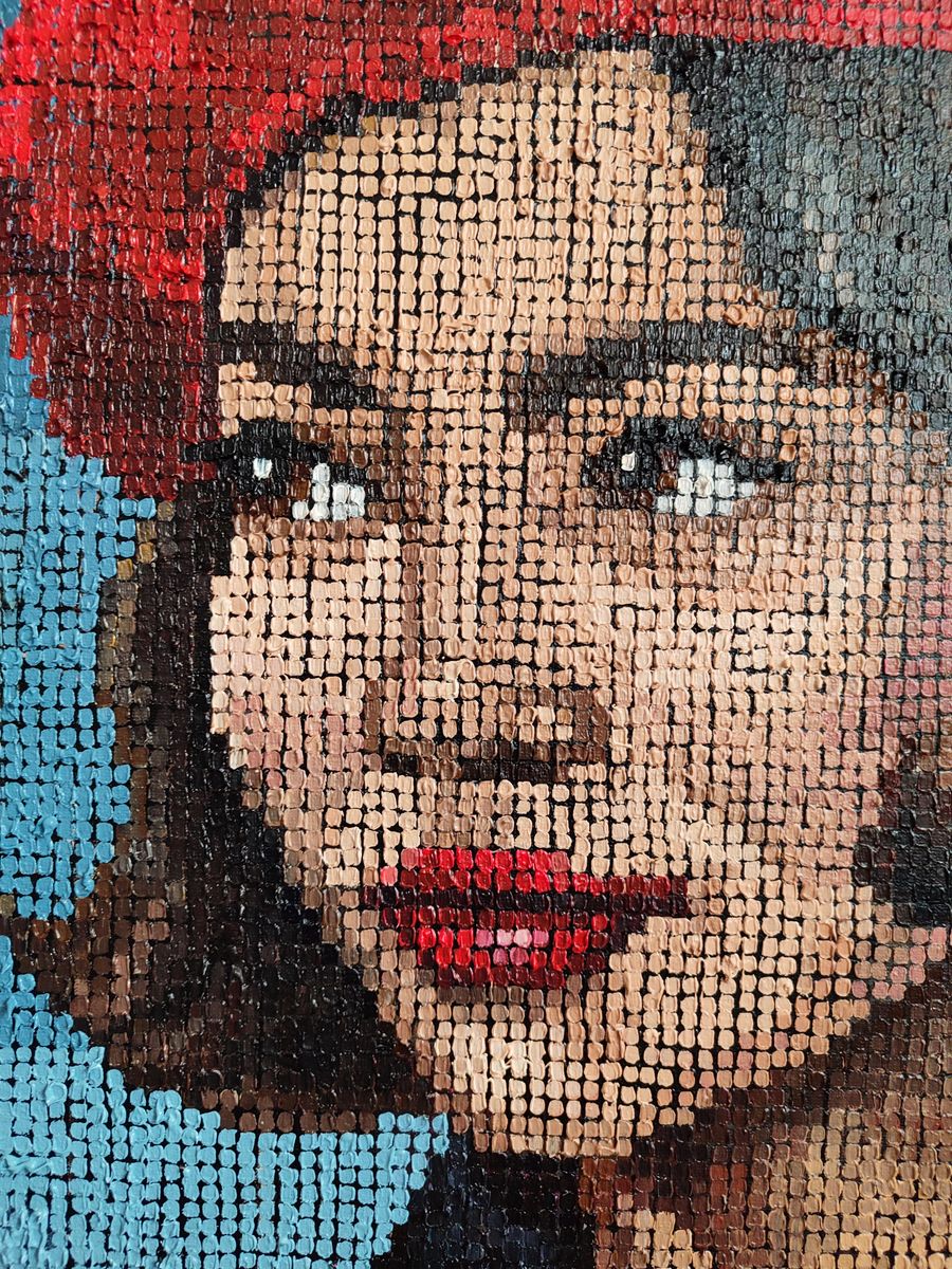 Mosaic portrait of red-haired woman with bold lips from Oksana Sklym oil painting