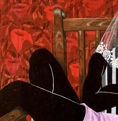 Acrylic painting Under the veil of peace by Akintomide Akinshola: black leggings on chair