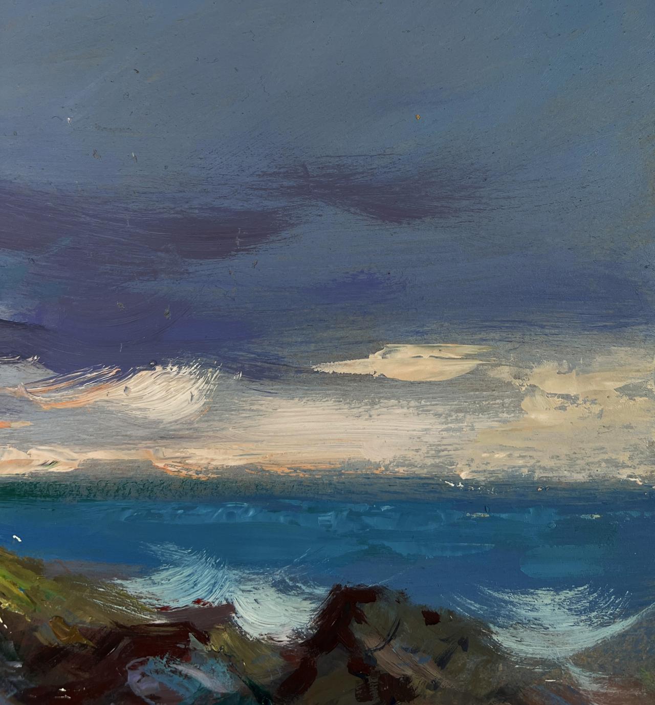 Textured oil painting by Yuriy Suprunchuk of seagulls over moody seascape