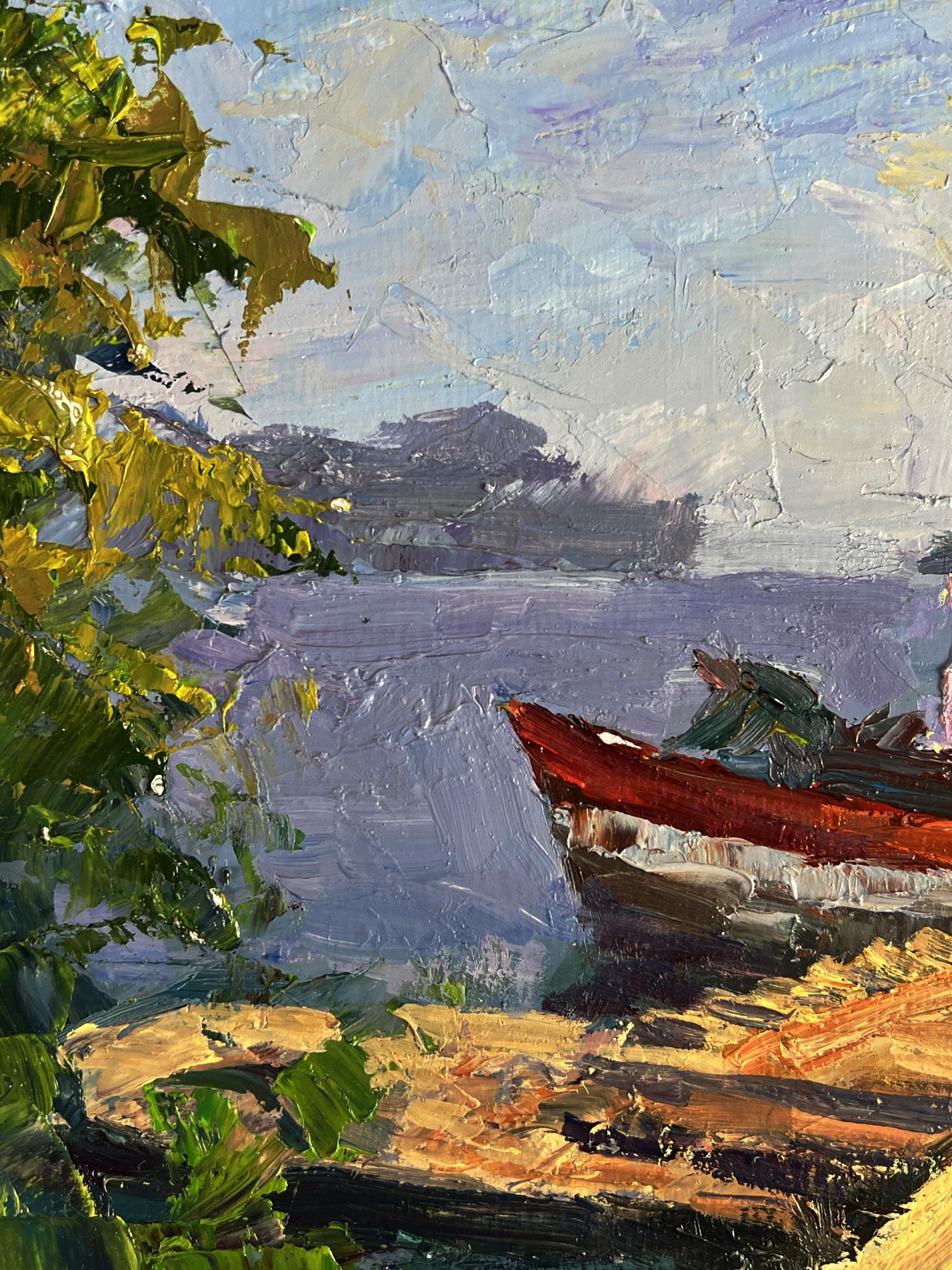 Oil painting Departure by river ferry by Boris Serdyuk: red rowboat on shore