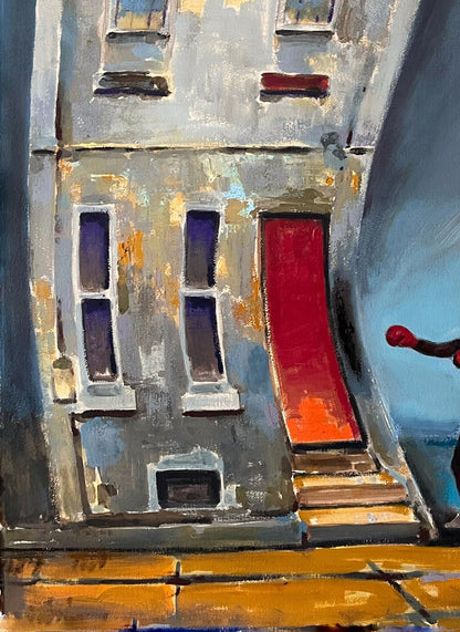 Vibrant red weathered door in Strike of Fate acrylic painting by Juan Angel Gonzalez de la Calle