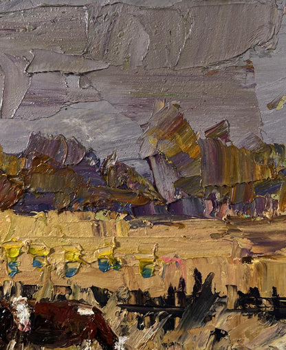 Impressionistic oil painting of village cows grazing by Boris Serdyuk