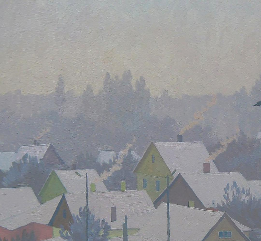 Oil painting City in the snow by Valery Savenets, snowy village scene