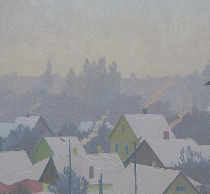 Oil painting City in the snow by Valery Savenets, snowy village scene