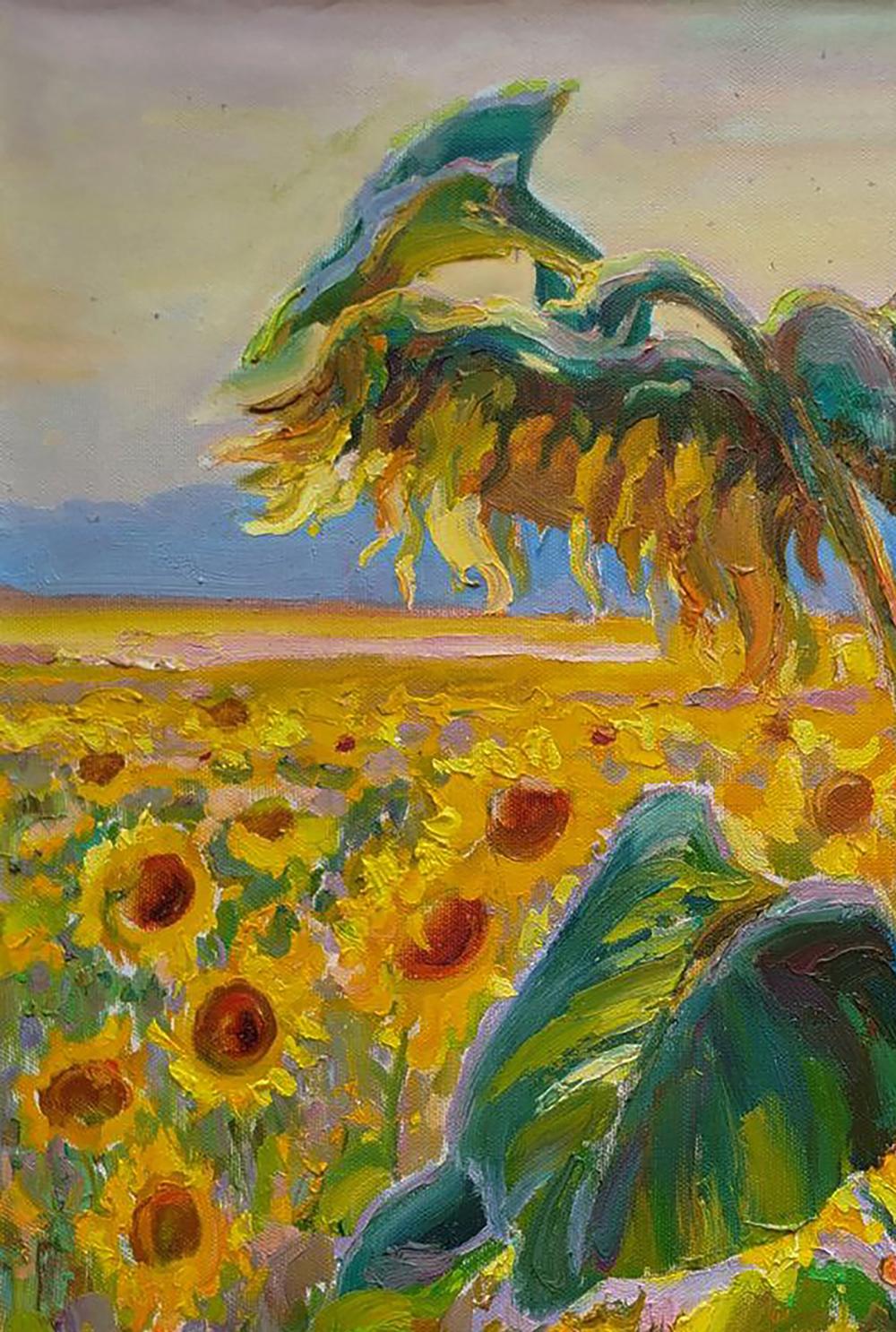 Oil painting Among the Sunflowers by Leonid Pavlenko, vibrant sunflower field