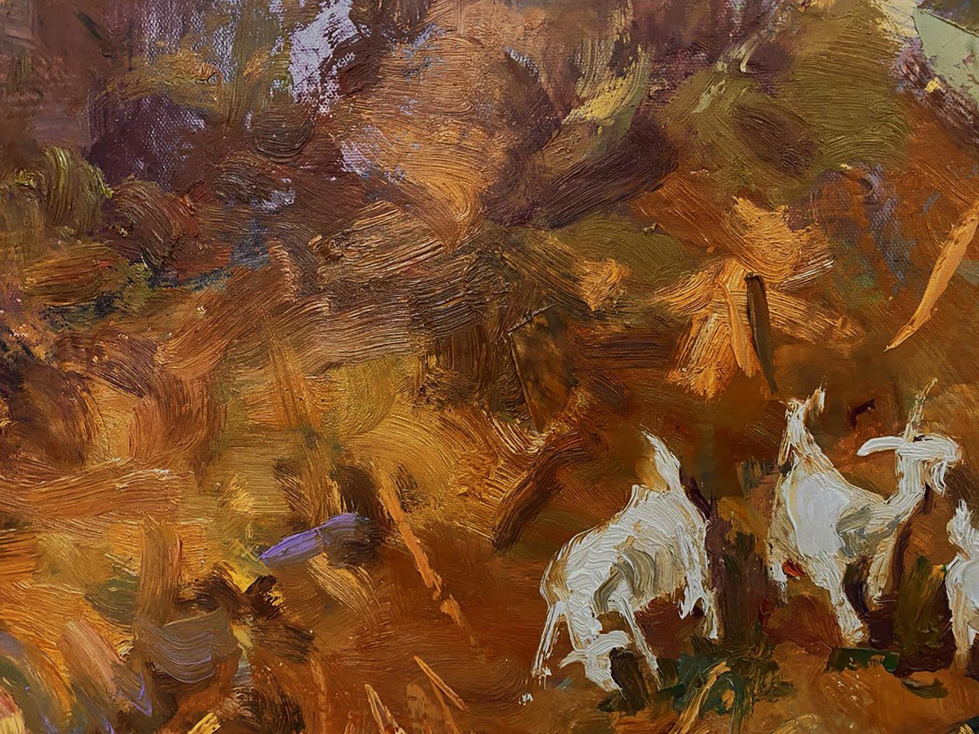 Oil painting of white horned goats in wheat field by Oleksiy Ivanyuk