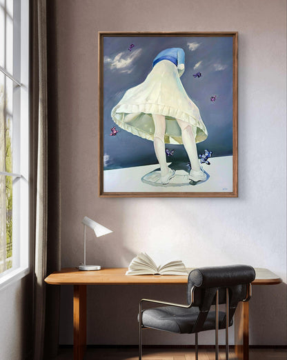 Oil painting like Igor Konovalov: figure in white skirt, blue headscarf, purple butterflies, twilight sky