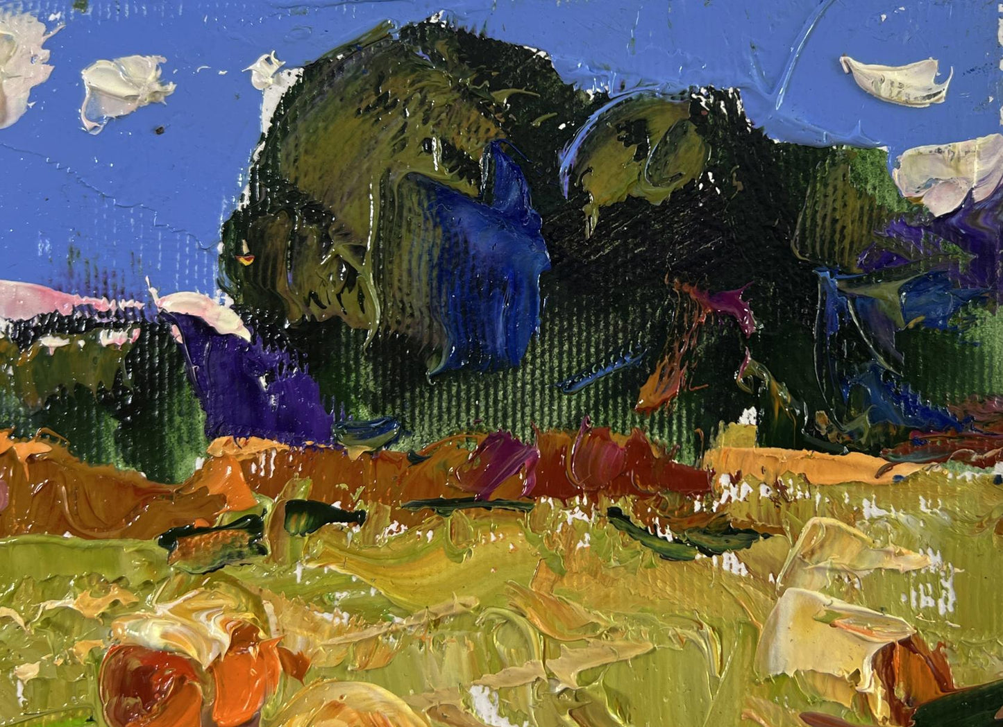 Vibrant impressionist oil painting Haystacks in a field by Oksana Ivanyuk