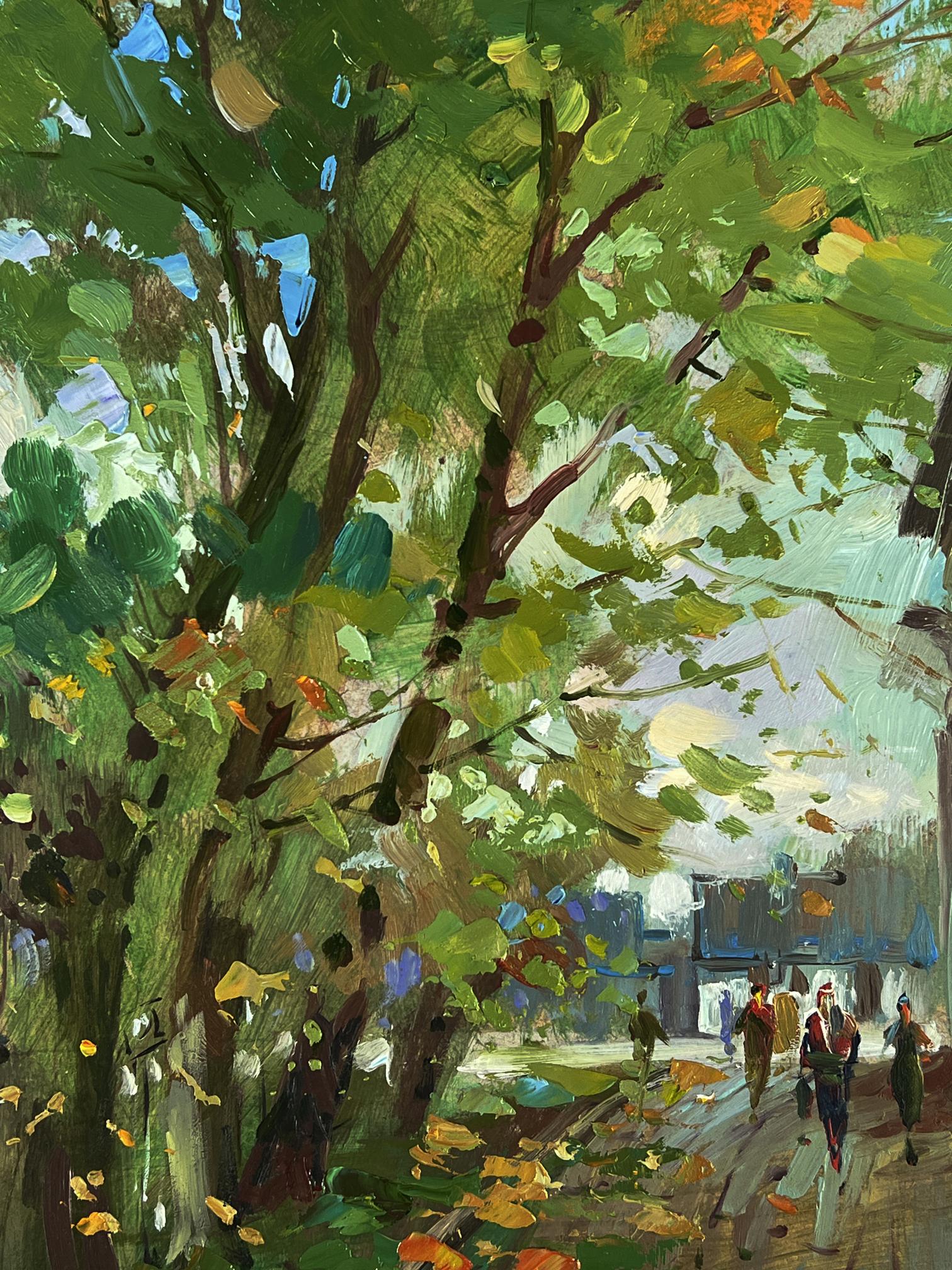 Vibrant impressionistic oil painting of city street by Yuriy Suprunchuk