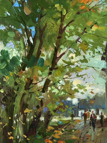 Vibrant impressionistic oil painting of city street by Yuriy Suprunchuk