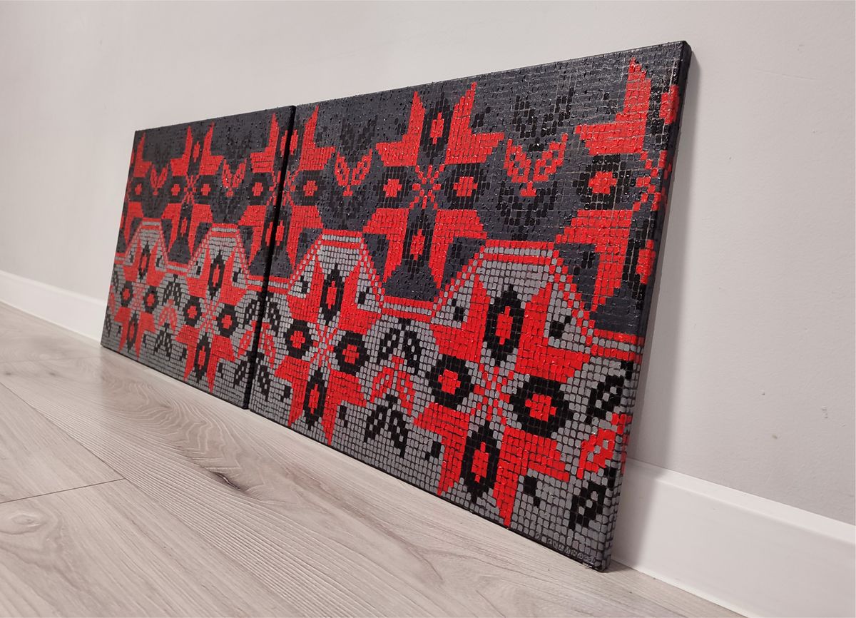 Vibrant red black gray mosaic wall art by Oksana Sklym oil painting ornament