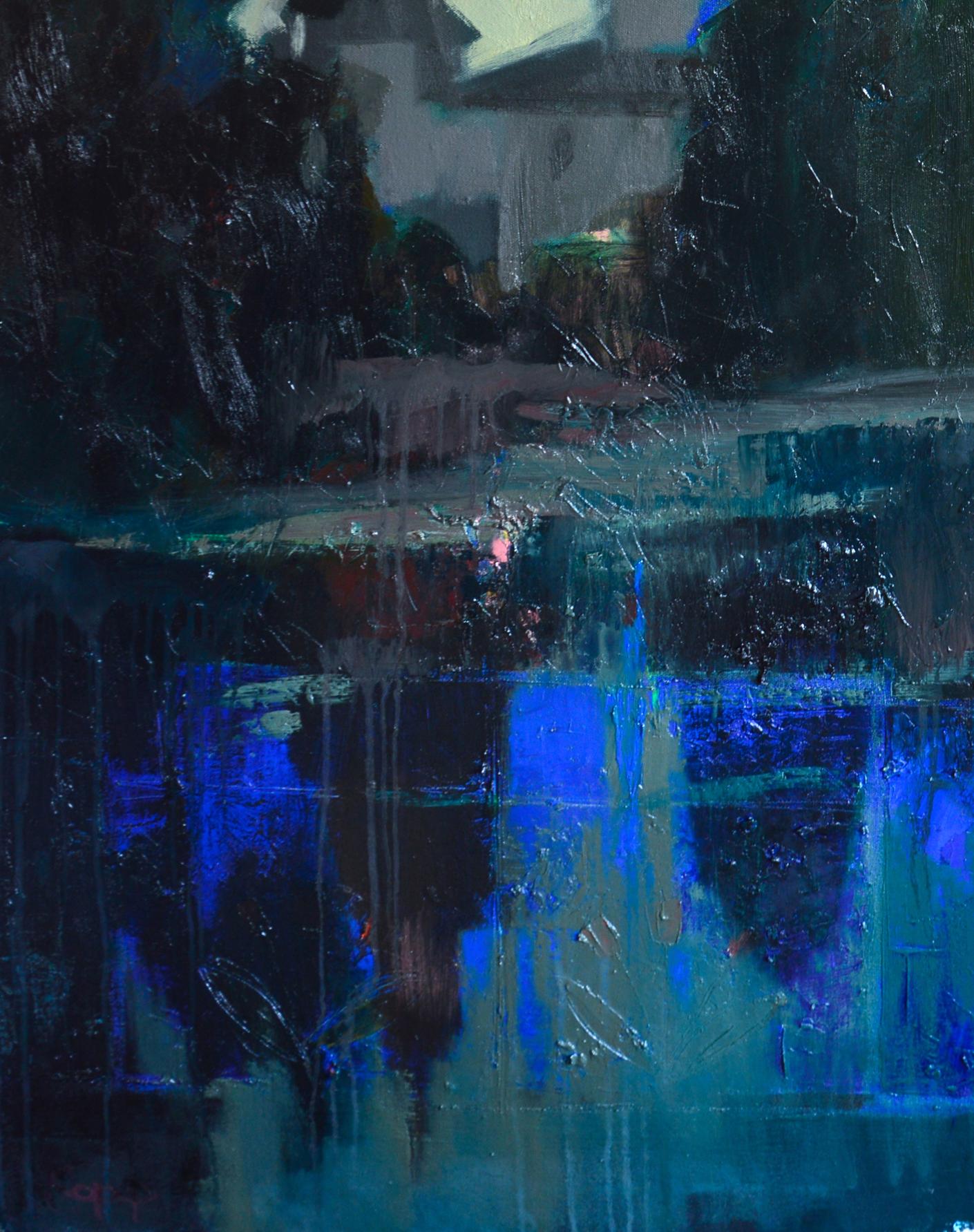 Oil painting Above the Lake by Natalia Korf-Ivaniuk with bold blue teal brushstrokes
