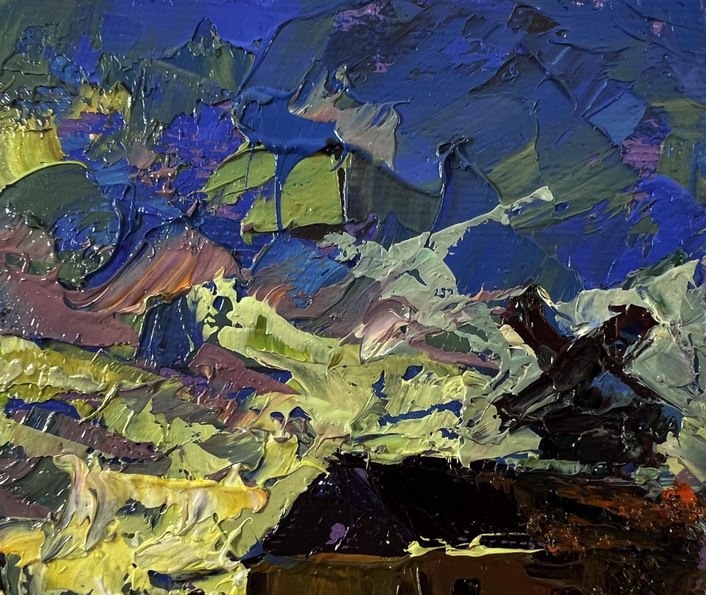 Oil painting of colorful village sky by Oleksiy Ivanyuk, abstract impasto blues