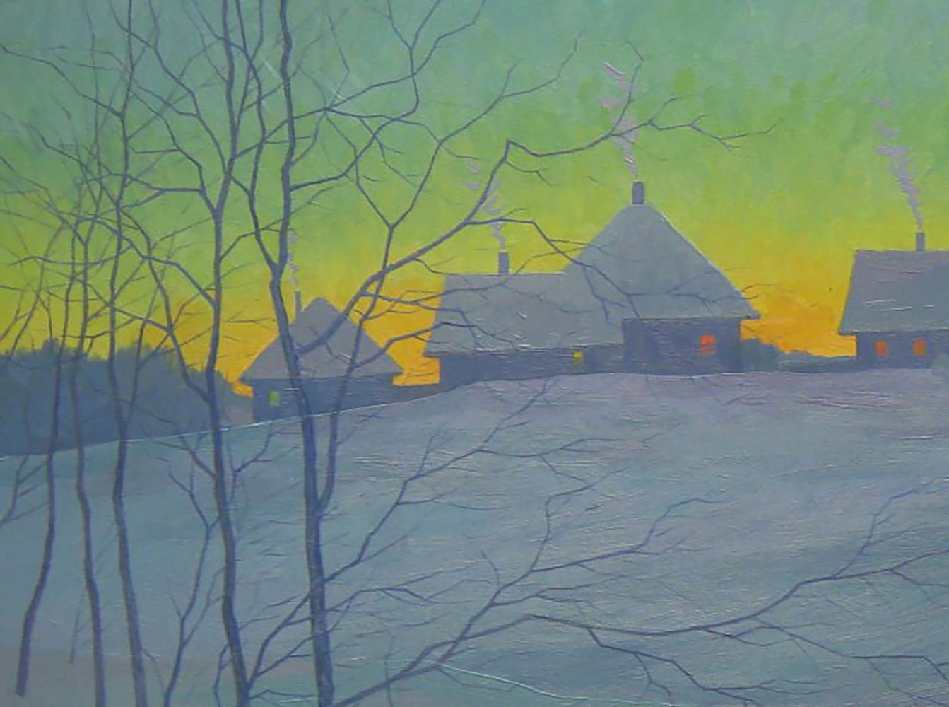 Oil painting of snow-covered village with thatched roofs by Valery Savenets