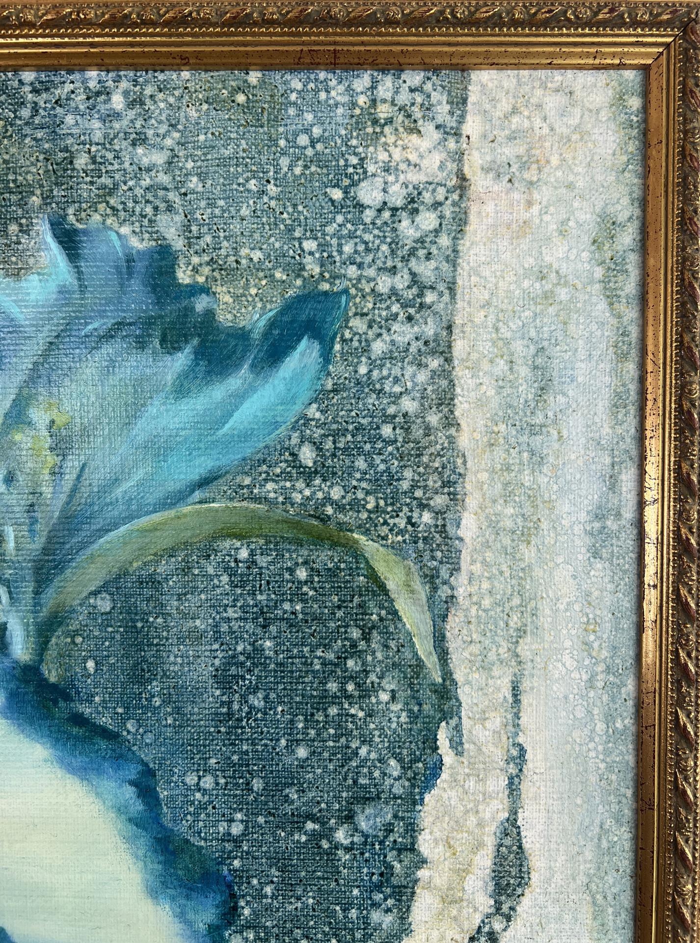 Oil painting A flower that remembers the rain by Vasily Korkishko, blue green floral motif in gold frame