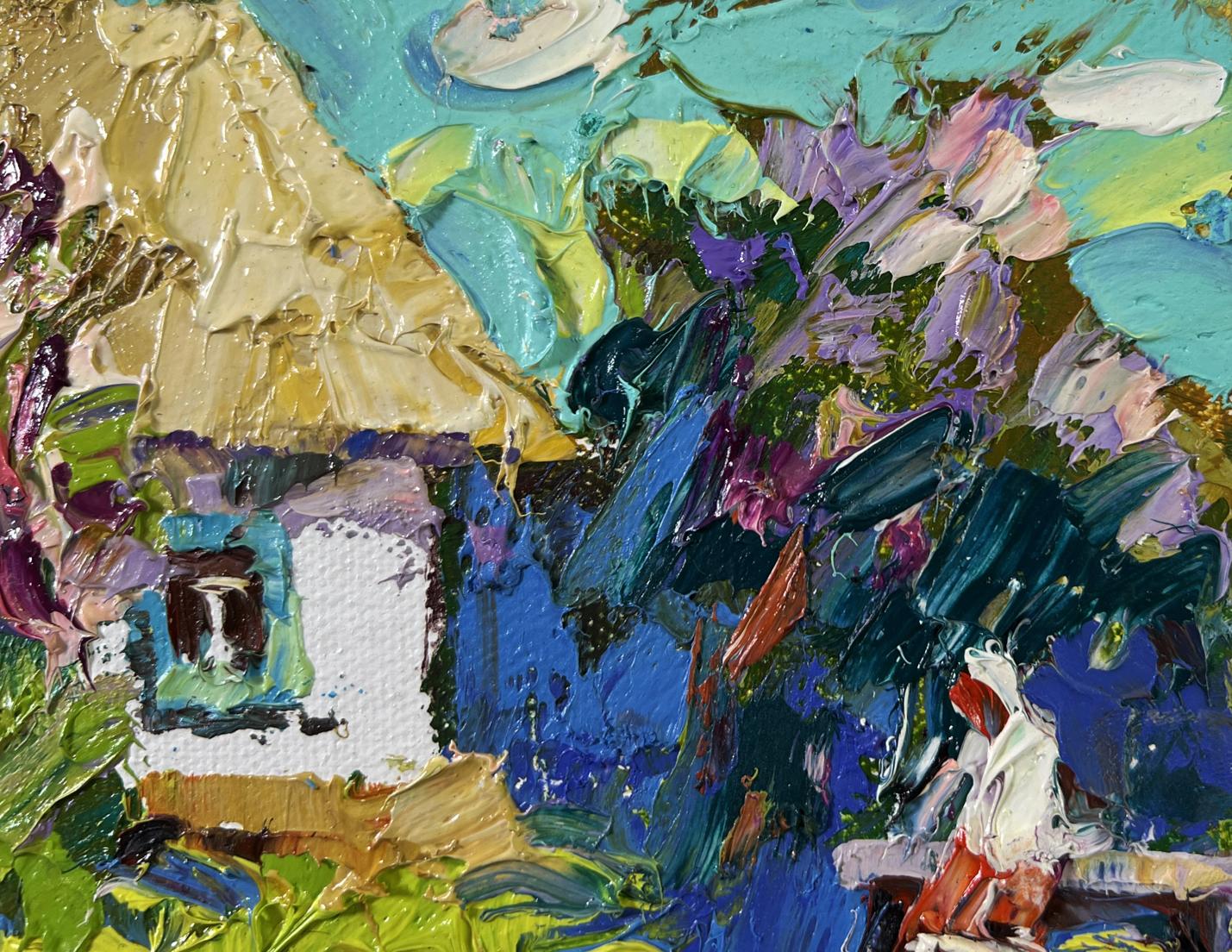 Oil painting When Gardens Bloom by Oleksiy Ivanyuk: rustic house with yellow roof amid greenery