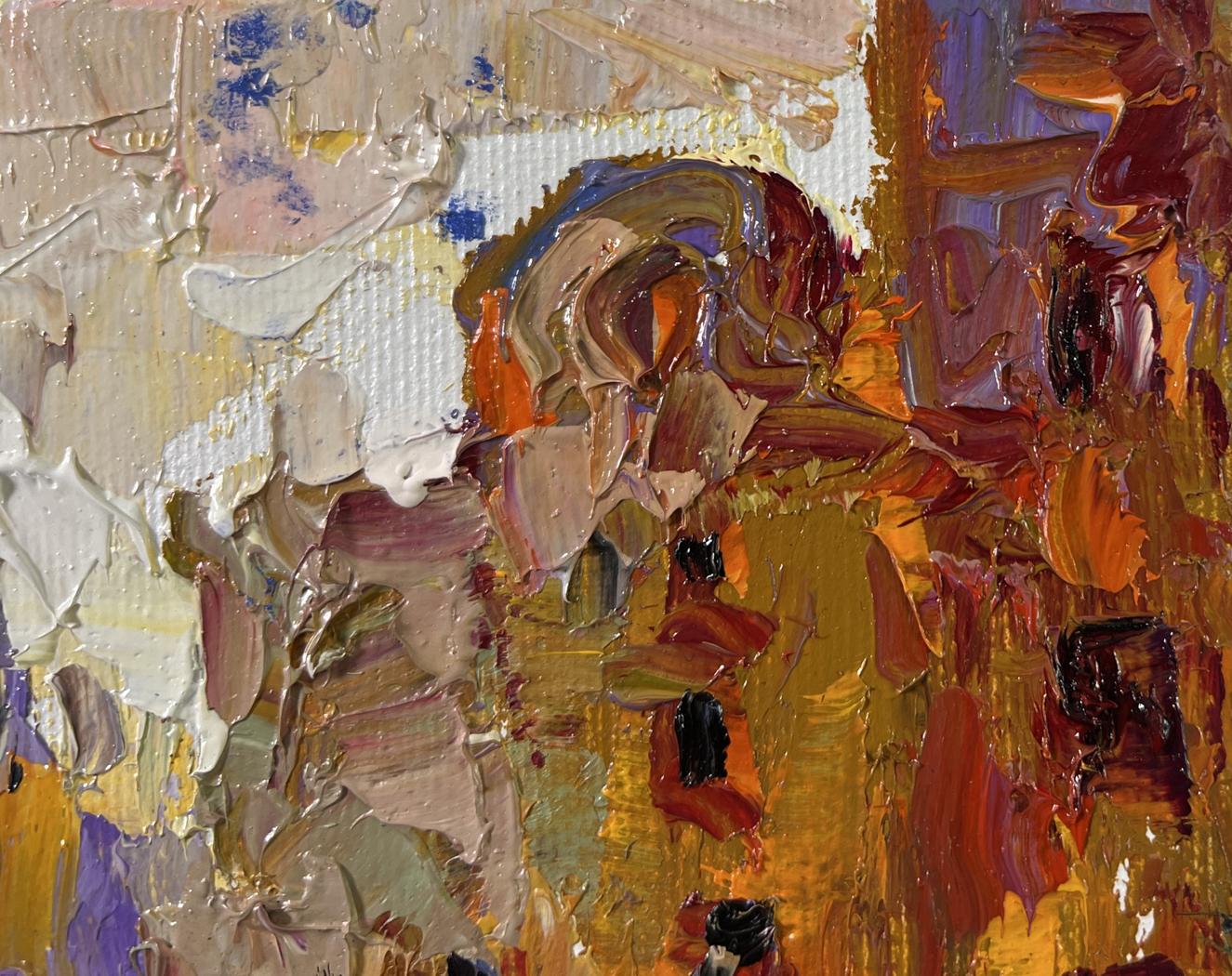 Oil painting City in the Morning by Oleksiy Ivanyuk, textured impasto in earth tones