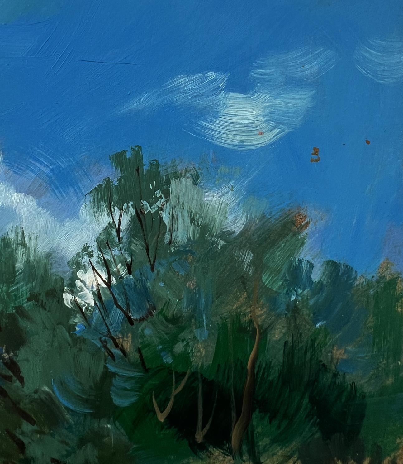 Oil painting of bridge over river by Yuriy Suprunchuk, vibrant sky and lush forest
