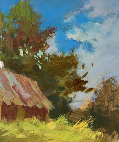 Oil painting of rustic red-roofed barn house on hill by Yuriy Suprunchuk