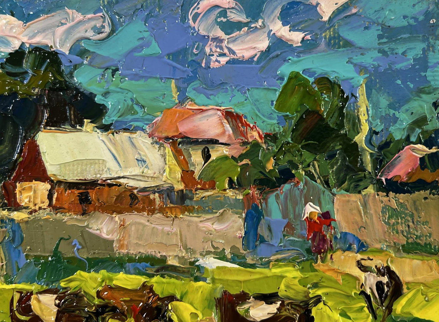 Vibrant impressionist oil painting by Oksana Ivanyuk of cows grazing outside village