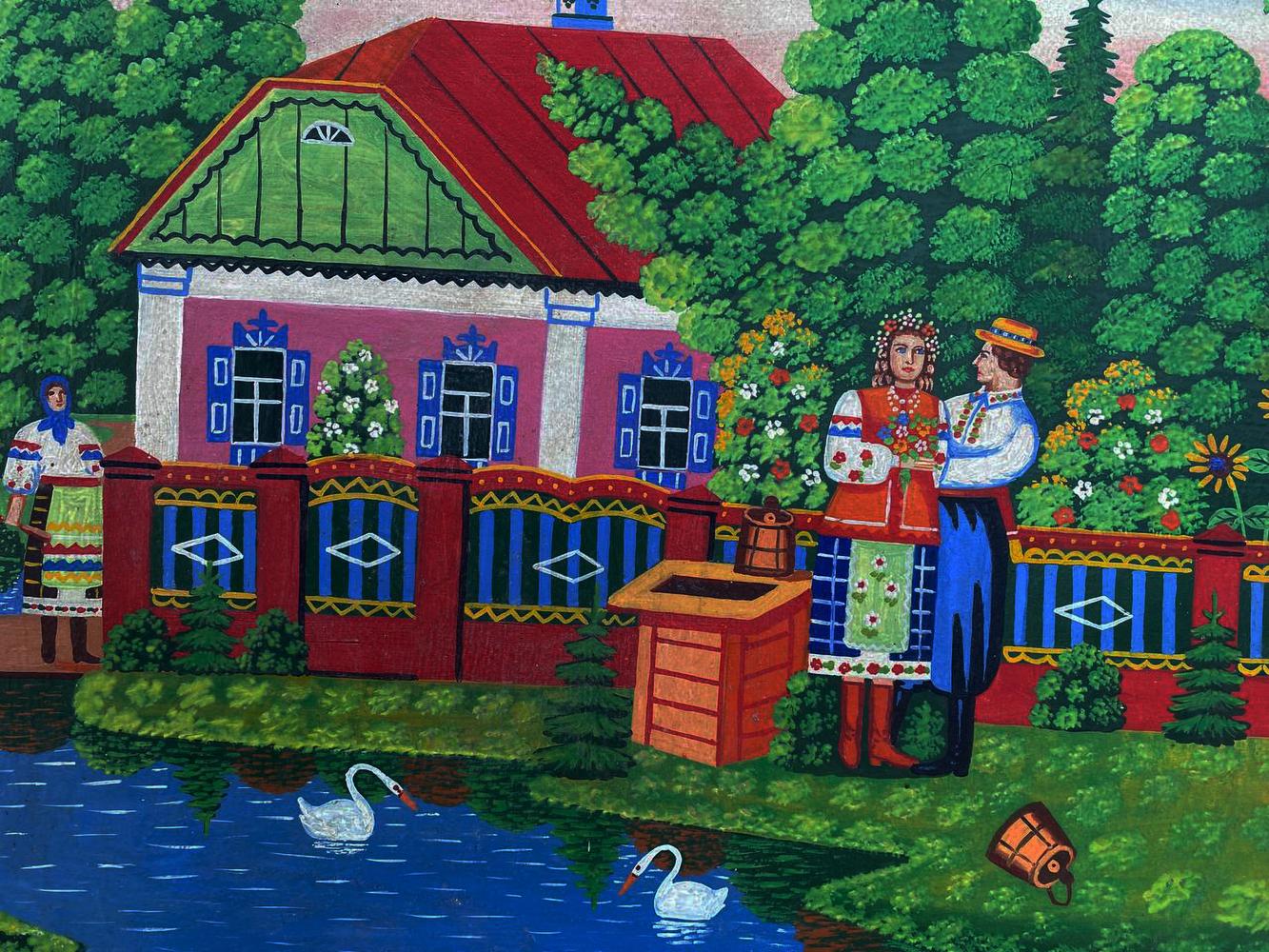 Oil painting of loving couple by river in pink house folk art
