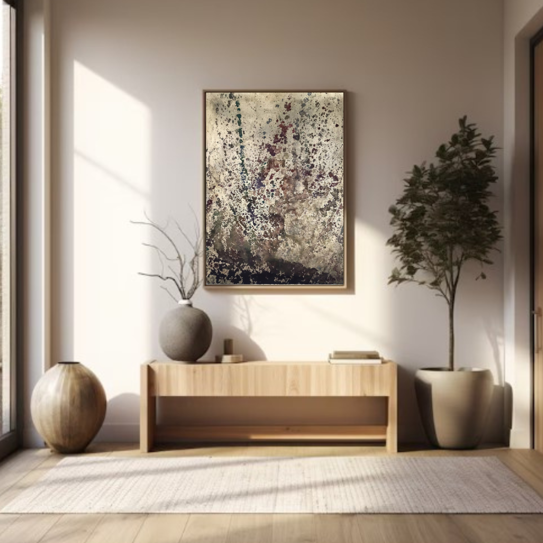 A framed abstract painting with a textured, speckled surface in muted earth tones and subtle hints of purple.