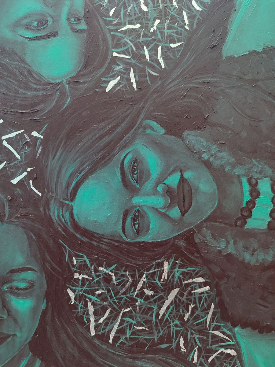 Textured teal oil painting portrait of three harmonious women by Oksana Sklym