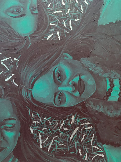 Textured teal oil painting portrait of three harmonious women by Oksana Sklym