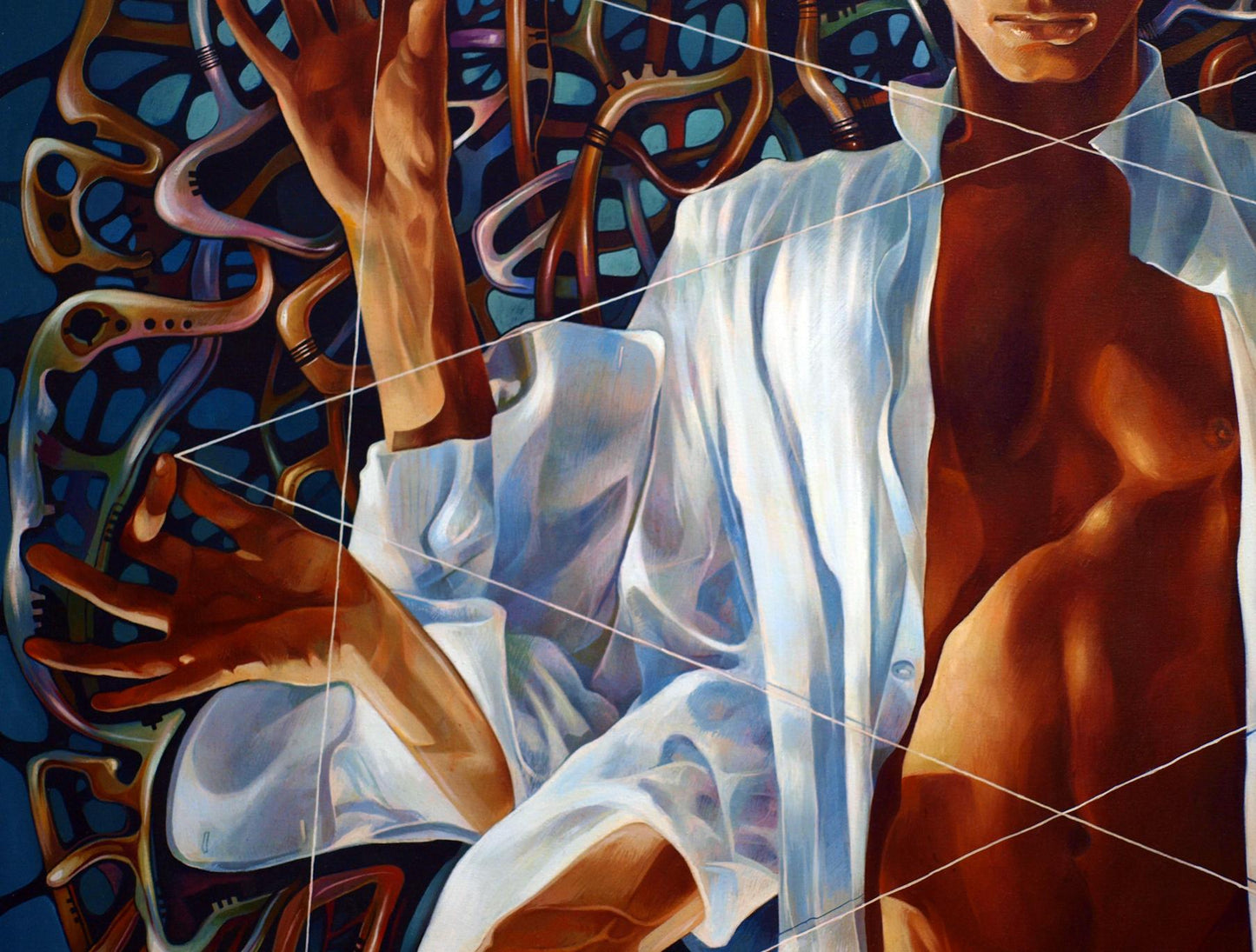 Muscular man in open white shirt, Oil painting Banyan by Konsta G. Amelinn