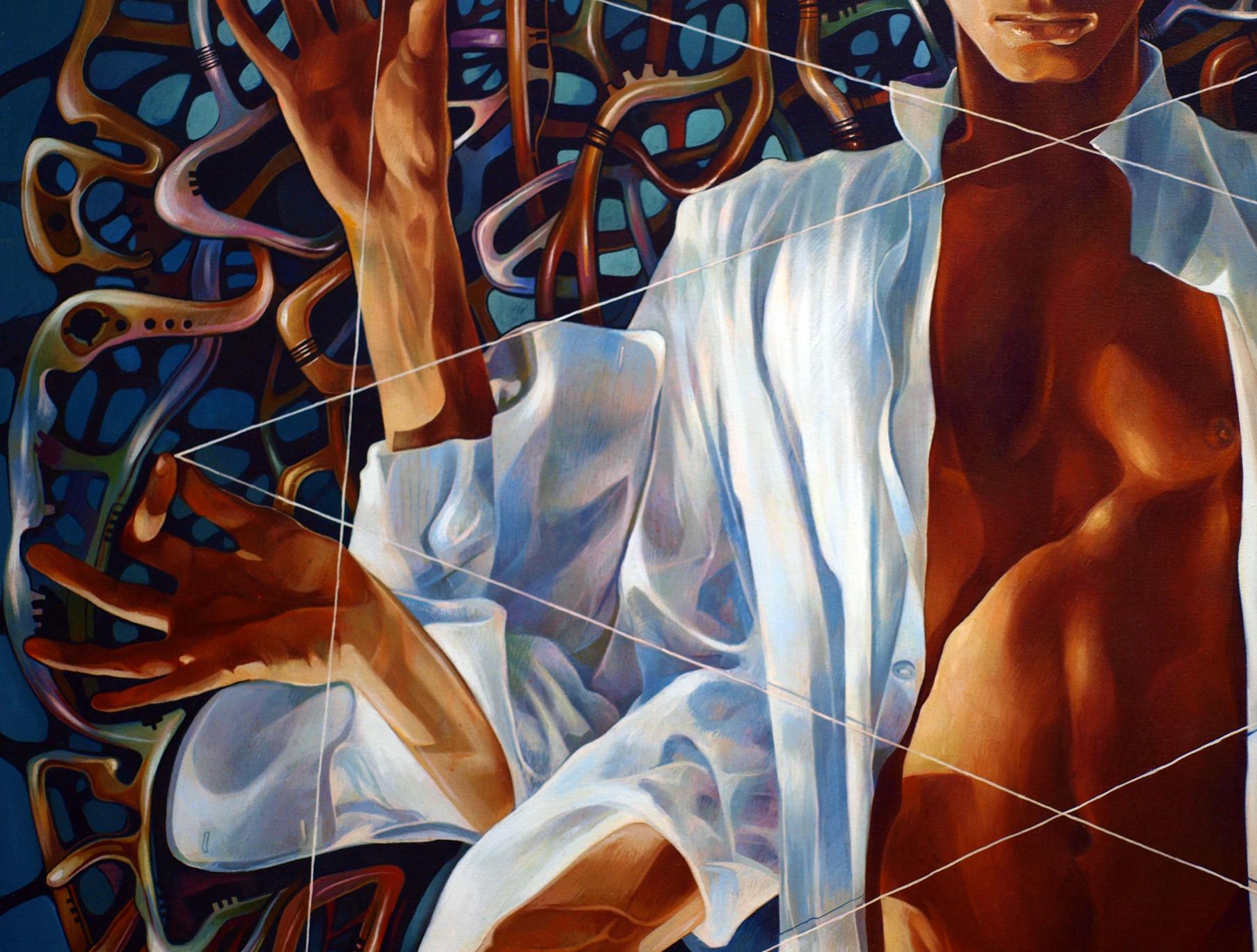 Muscular man in open white shirt, Oil painting Banyan by Konsta G. Amelinn