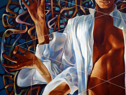 Muscular man in open white shirt, Oil painting Banyan by Konsta G. Amelinn